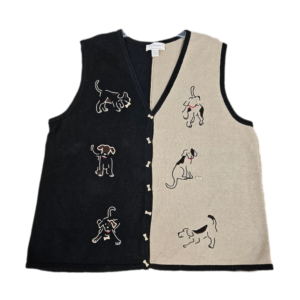 Puppy Dog Vest Womens 2x Embroidered Bone Buttons V Neck Black Beige